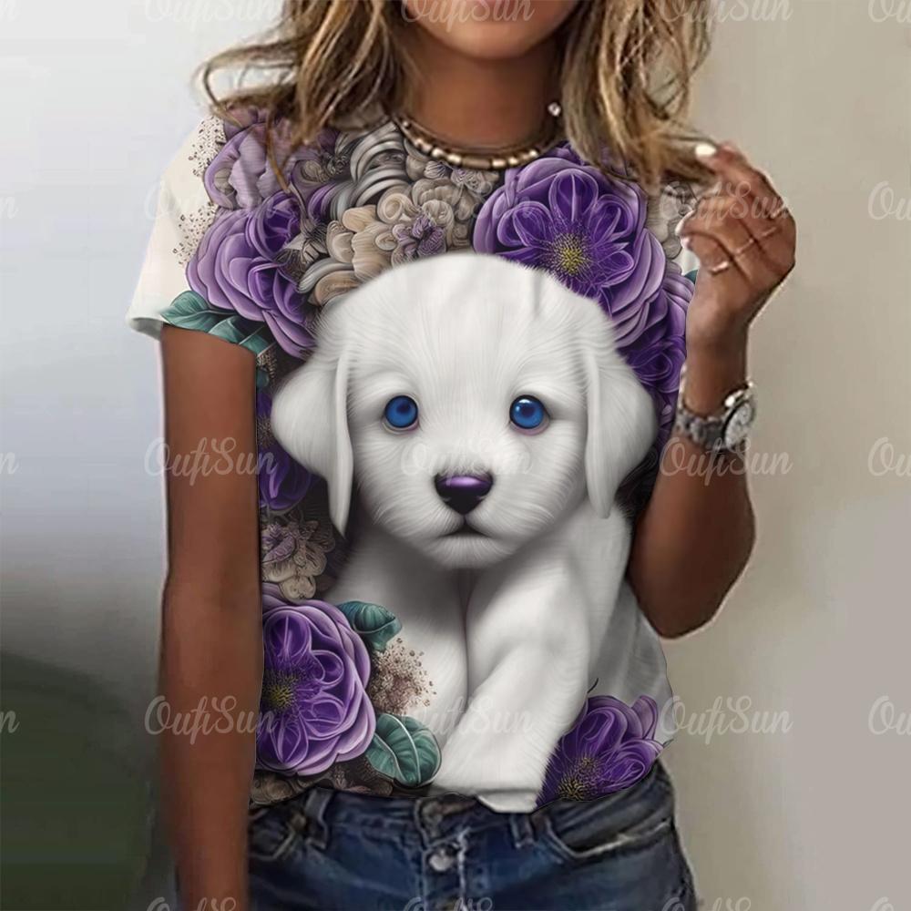 Kawaii Puppy Print Damen T-Shirt Harajuku Kleidung für Damen Casual Style Kurzarm T-Shirts Rundhals Hundert Streetwear Tops