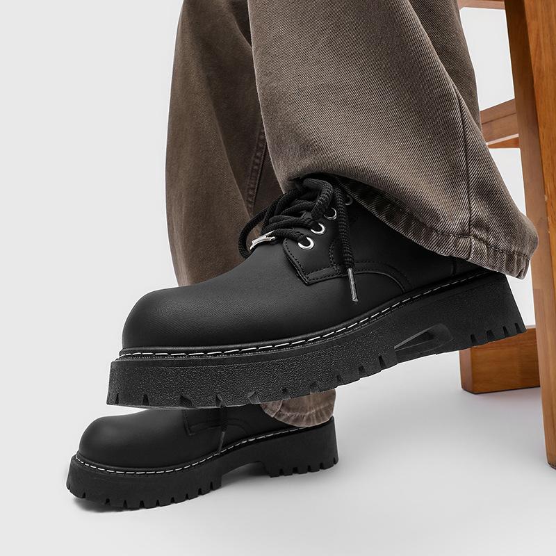 Derby shoes men's platform heightening Martin boots black big head round head commuting cleanfit tooling casual leather shoes