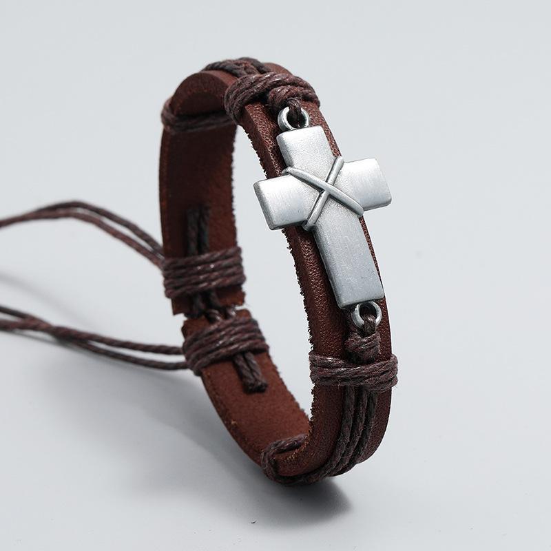 Retro Woven Cowhide Bracelet Simple Pull Adjustment Cross Bracelet Handrope Personalized Jewelry Gift