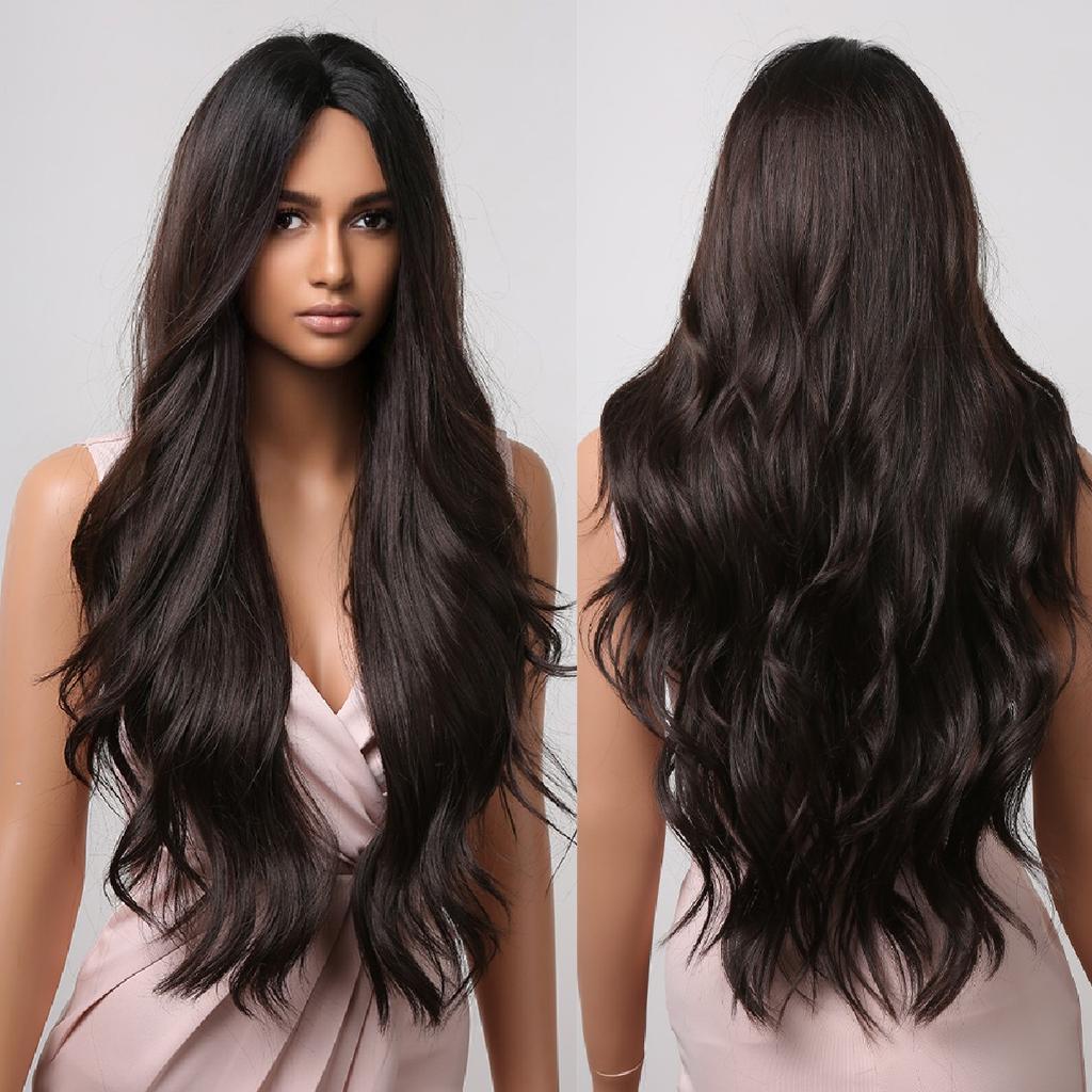 Long Wavy Synthetic Wigs for Black Women Dark Brown Wig Natural Middle Parting Wavy Daily Cosplay Hair Heat Resistant