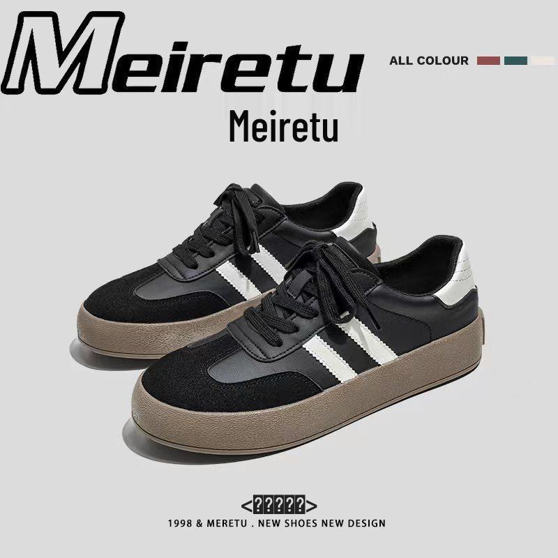 Meiretu Men's Trendy Retro German Trainer Sneakers - Superfiber Leather, Unisex, Flat Skate Style  