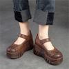 Johnature Zapatos de plataforma con punta redonda y suela gruesa para mujer, sandalias de cuña caladas cómodas Vintage de cuero genuino