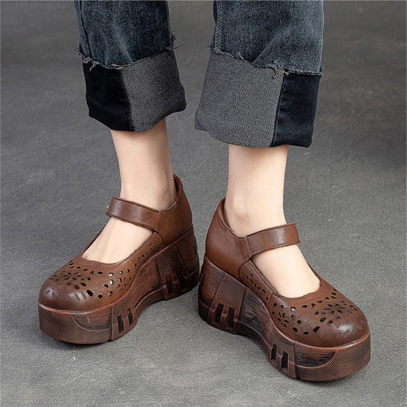 Johnature Zapatos de plataforma con punta redonda y suela gruesa para mujer, sandalias de cuña caladas cómodas Vintage de cuero genuino