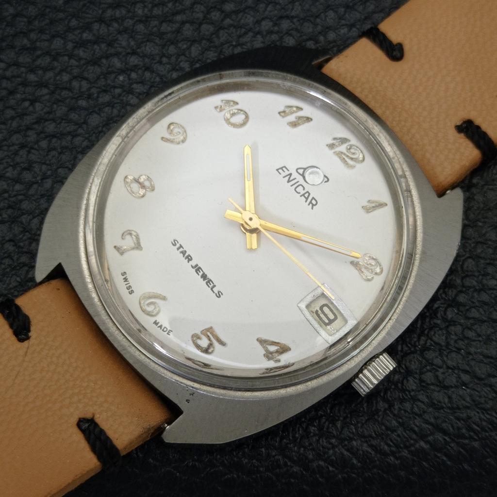VINTAGE ENICAR STAR JEWELS AUTOMATISK 167 SCHWEIZISK HERRKLOCKA VIT TAVLA a700139-5