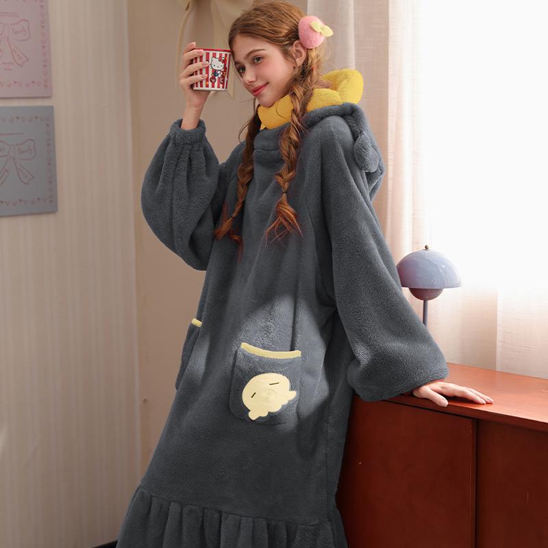 Rouxian Women's Cozy Coral Fleece Hooded Pajamas & Bathrobe for Autumn/Winter