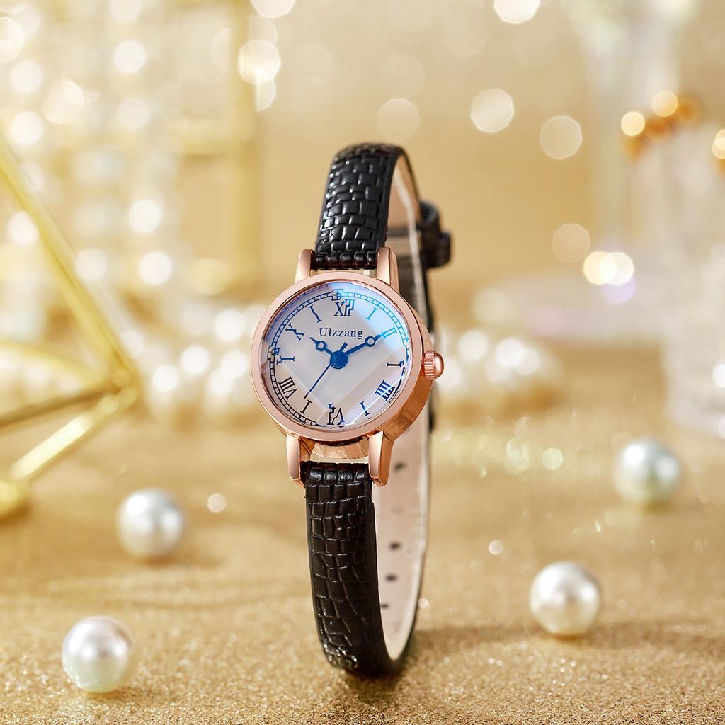 Women's Fashion Watch 3-Piece Set Rose Gold Case Leather Strap Retro Fresh Multi-Style Quartz Watch Daily All-Match