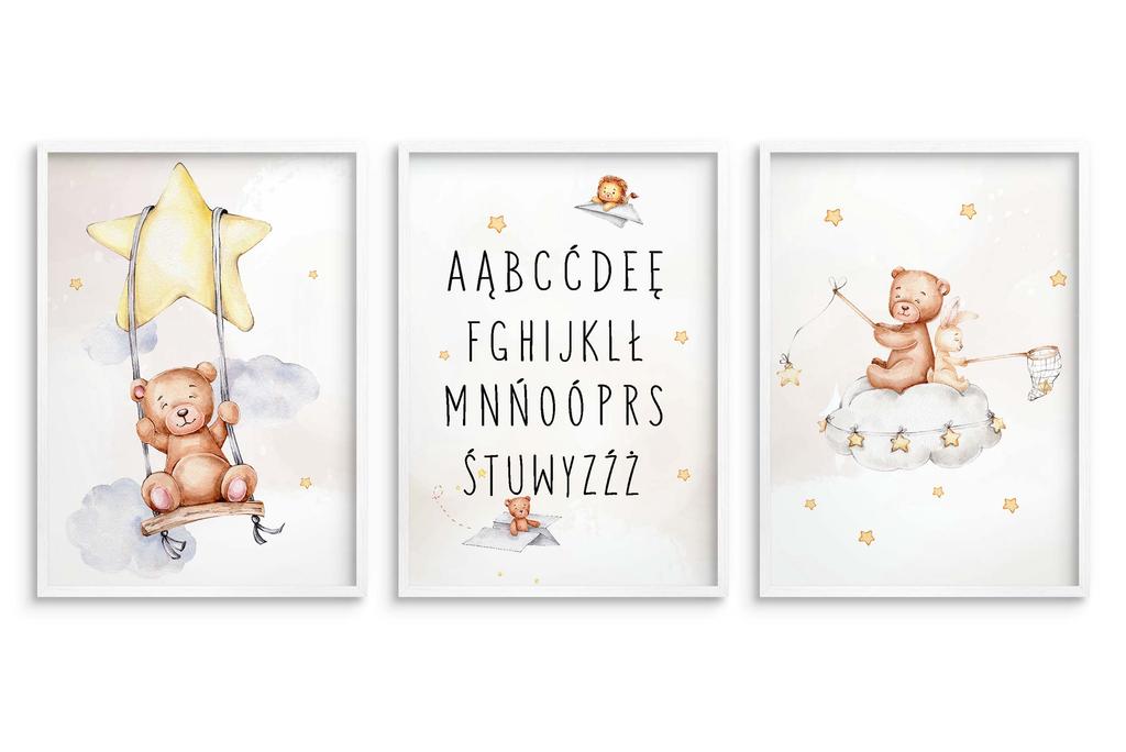 Zestaw Plakatów dla dziecka Alfabet Literki Miś Dziecięce Obrazy beż 30x40