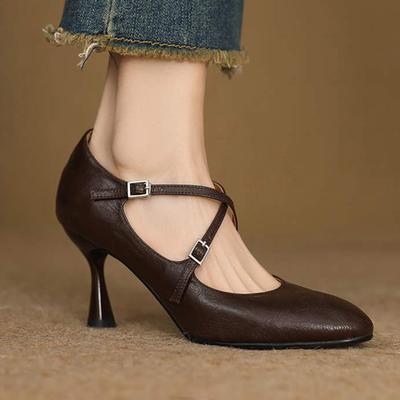 Moda Ze Skóry Owczej Wiosna Jesień Szpilki Damskie Okrągły Nosek Buty Mary Janes Płytkie Czółenka