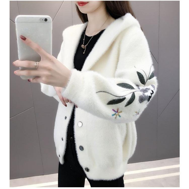 Wasserdichter Mantel mit Kapuze aus Kunstnerz für Damen, locker gestricktes Cardigan-Oberteil für den Winter