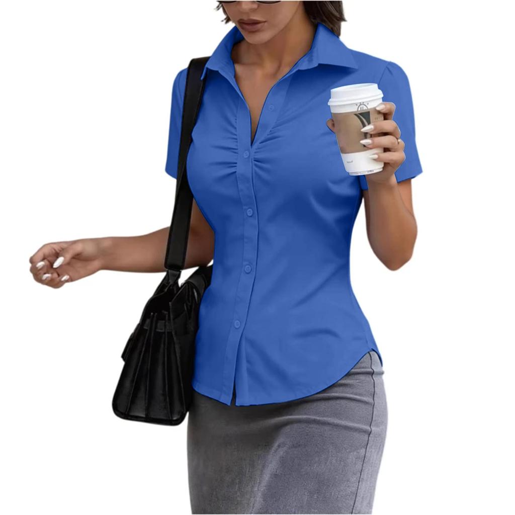 Women's Short Sleeve Button Down Shirt Slim Fit Collared Blouse Office Workwear Casual Top with Ruched Front Design