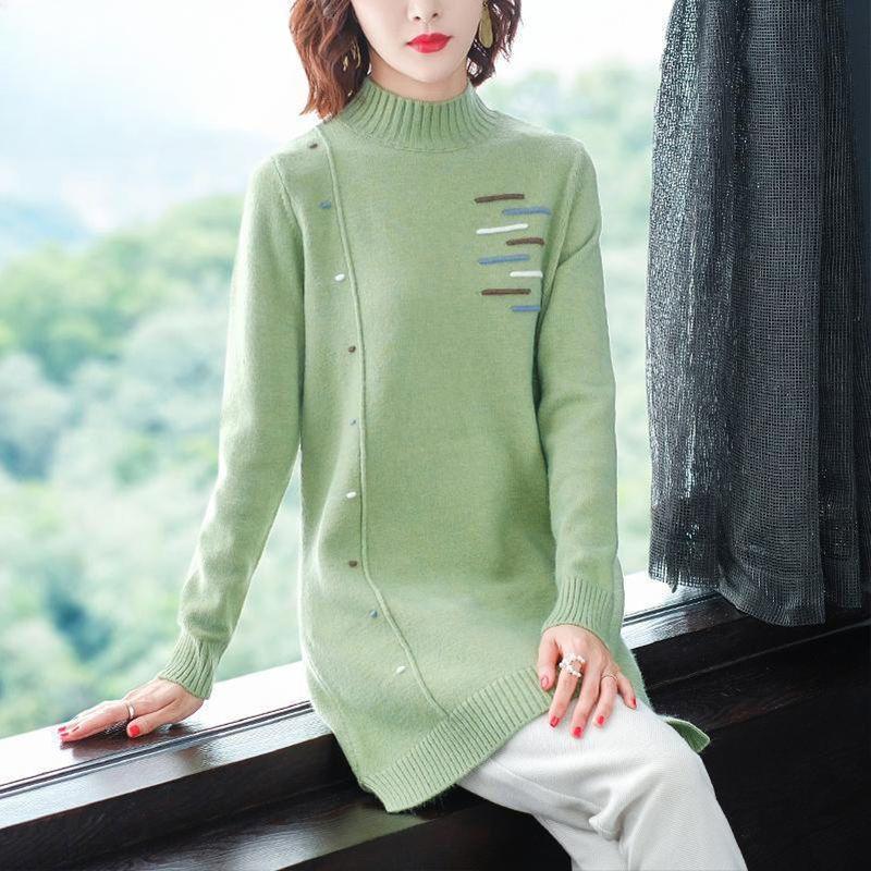 

Трикотаж женский осенне-зимний утолщенный свитер средней длины женская свободная полуводолазка трикотажная нижняя рубашка S зелёный