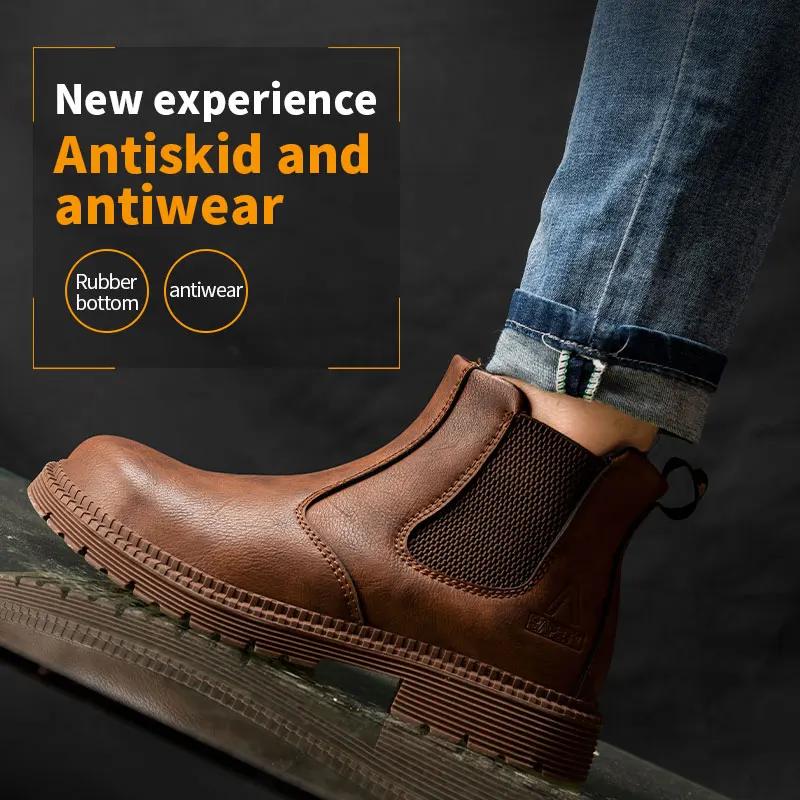 Fashion Men's Waterproof Safety Shoes Chelsea Boots Steel Toe Leather Men's Shoes Indestructible Construction Safety Boots