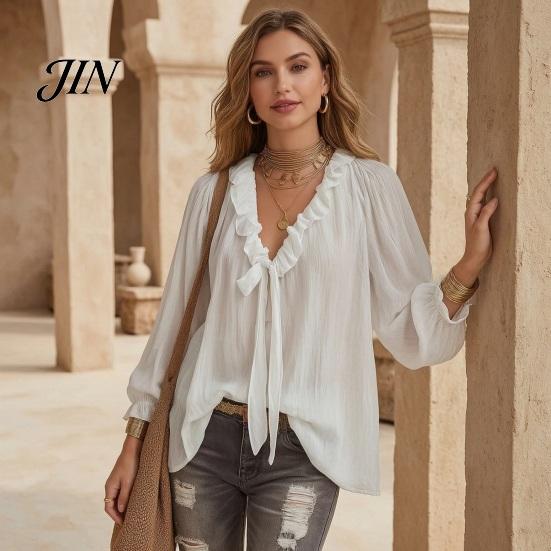 Skin-friendly Fabric Tops Women Chiffon Tops, Ruffle Splicing Collar V-Neck Blouse, Pure Color Loose Fit Summer Breathable Shirt Shirt, Lantern