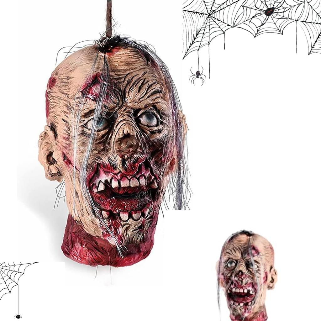 Scary Halloween Decorations Props - Life-Size Hanging Bloody Latex Severed Zombie Head for Haunted House Decor, Indoor Outdoor Halloween Party Yard