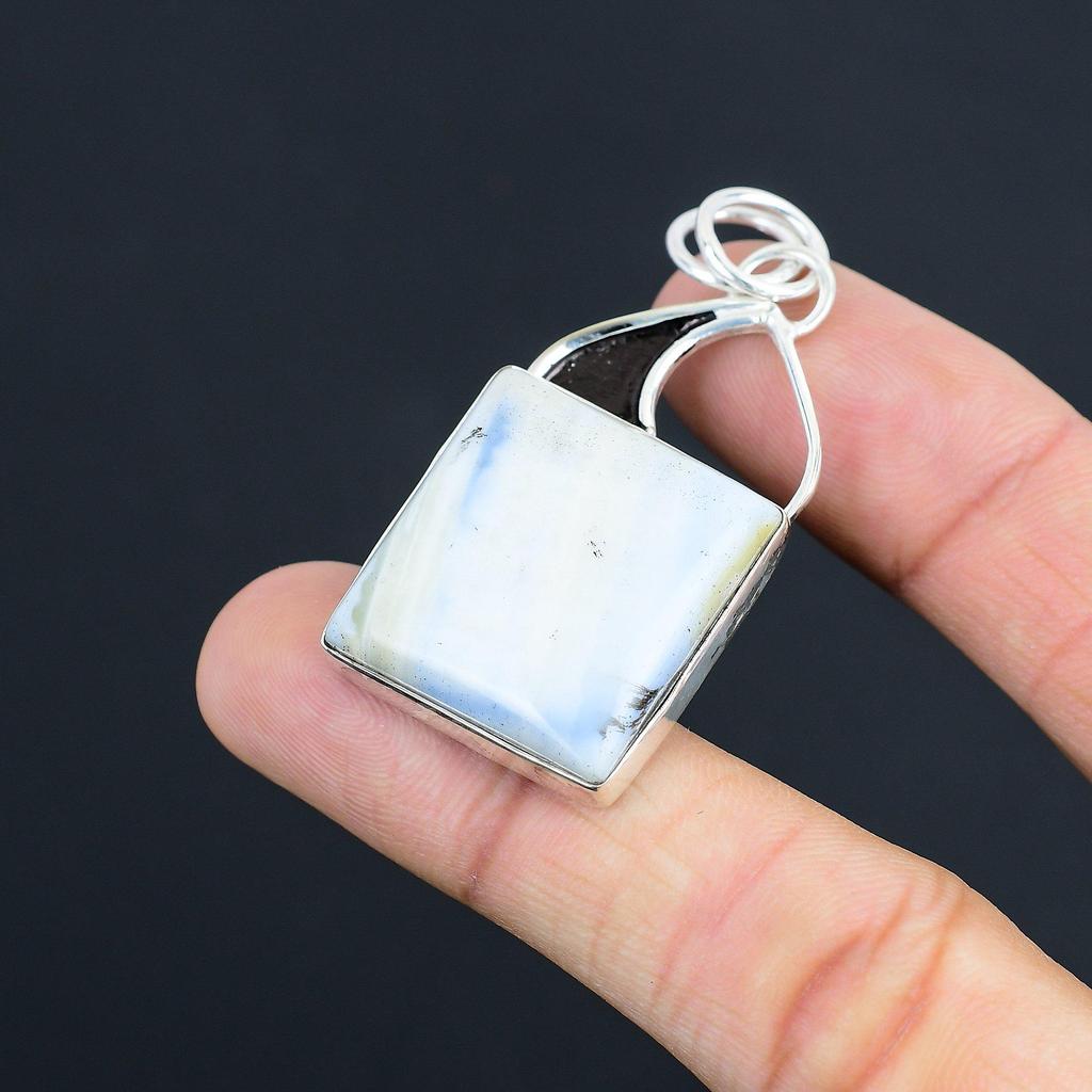 925 Sterling Silver Square Owyhee Blue Opal Stone Wedding Handcrafted Pendant