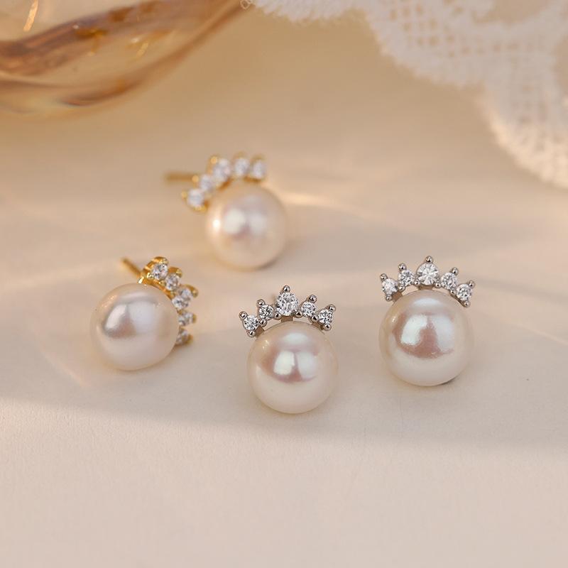 Silver Crown Pearl Stud Earrings For Women Luxury Fashion Jewelry