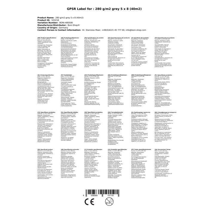 Bâche de protection, 280g/m², 5x8m (40m²), grise, bâche étanche et imperméable