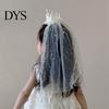 Imitation Pearl Headband Girl Crown with Sequins Pearls Princess-Style Baby Mesh Veil Toddler Princess Headpiece Photo Accessory