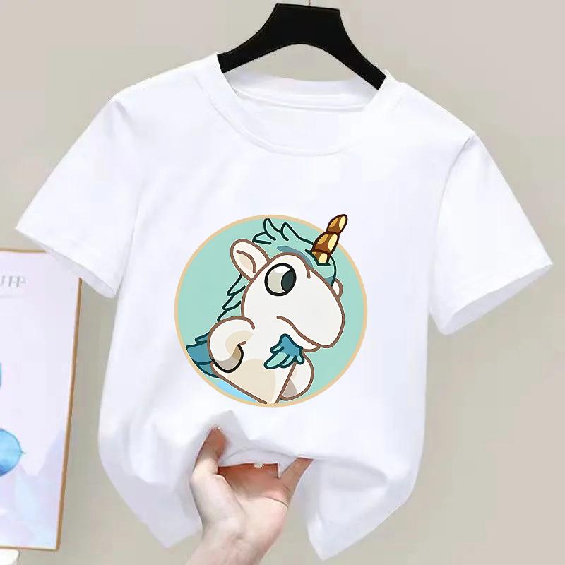 Cute Unicorse Hole Cartoon Print Kids Tshirt Summer Childrens Cotton Short Sleeve Casual Tops for Boys and Girls