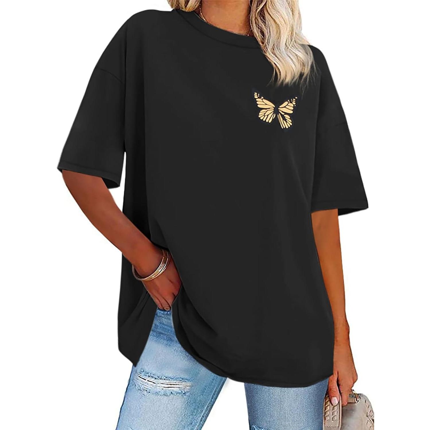 

Womens Oversized Tshirt Graphic Tees Crew Neck Summer Short Sleeve Loose Fit Tops S чёрный