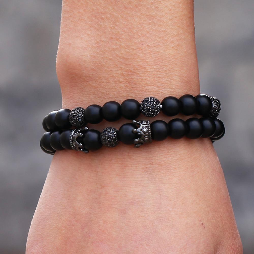Black Matte Copper Inlaid Zirconium Diamond Ball Flying Saucer Long Bracelet Bracelet Set Wholesale Men's Woven Bracelet