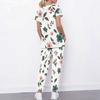 Women Plus Size Floral Printed Scrub Set Cutout Neck Short Sleeve Pocket Top Long Pants Two Piece