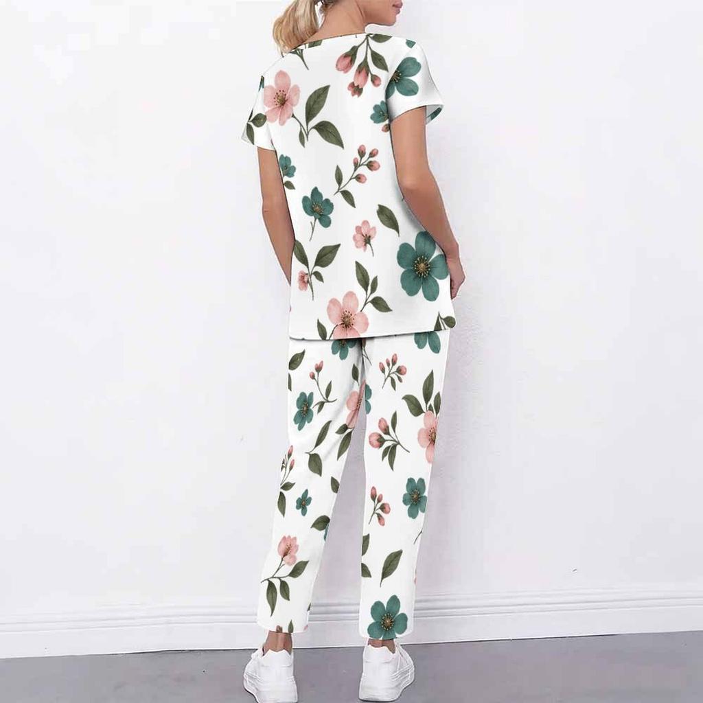 Women Plus Size Floral Printed Scrub Set Cutout Neck Short Sleeve Pocket Top Long Pants Two Piece