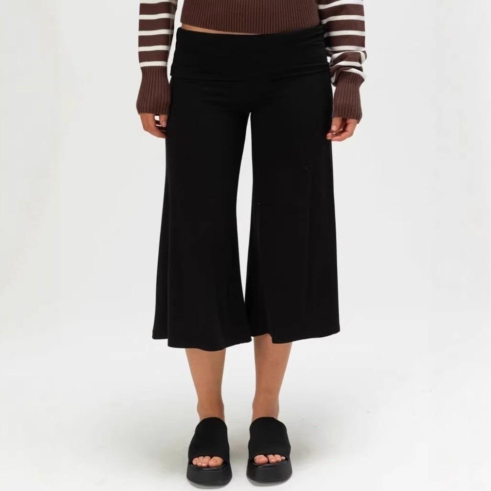 Polka Dot Wide Leg Pants Stripe Foldover Waist Pants Casual Low Waist Capri Pants  Girls M-Black