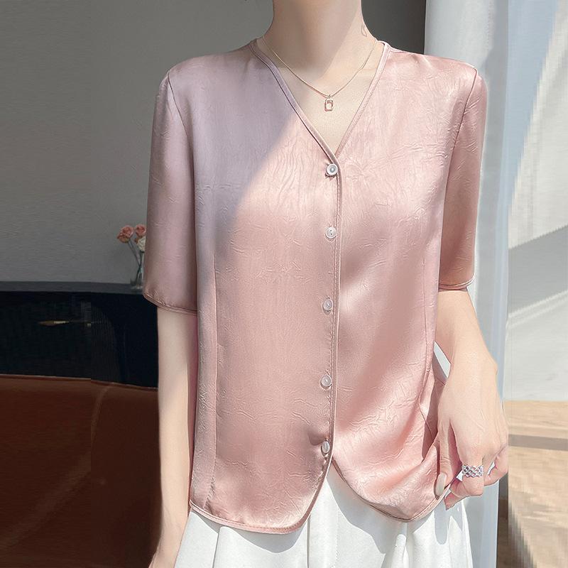 

Летний новый кардиган с коротким рукавом в китайском стиле, женский жаккардовый топ с V-образным вырезом и свободным рукавом до локтя XXL розовый