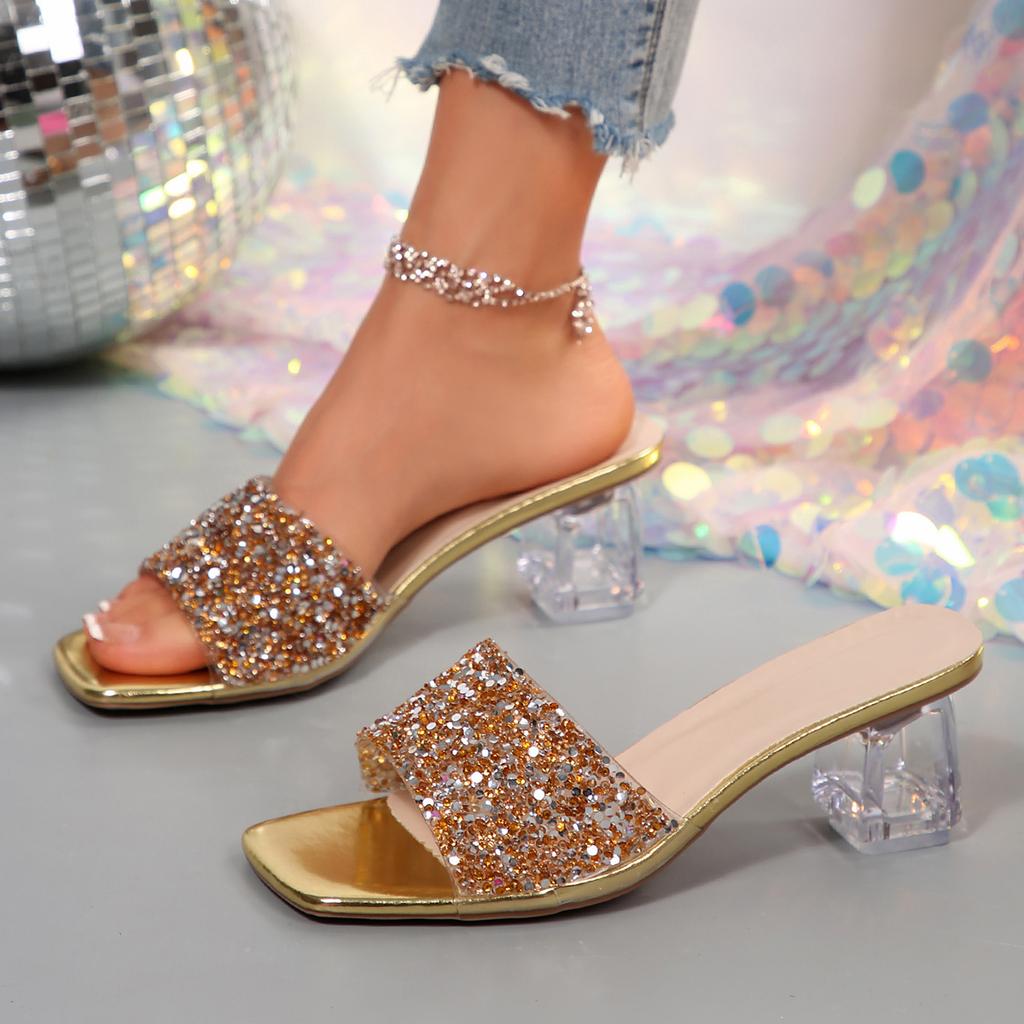 Fashion Women High Heels Sandals  2025 New Square Toe Transparent Heeled Sandals Woman Shiny Sequins Summer Fashion Glitter Shoes Women