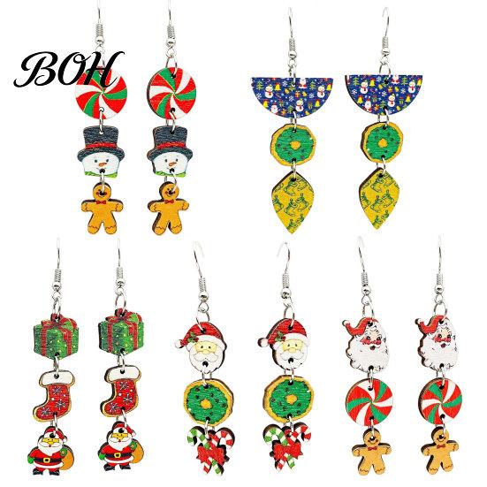 Red Green Holiday Decor 1 Pair Christmas Wooden Dangle Drop Earrings for Women, Cute Santa Women Seasonal Accessories Gingerbread Candy Cane Earrings,
