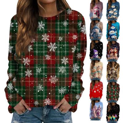 Women's Fashionable Casual Long-sleeved Retro Christmas Snowman Print Round Neck Top