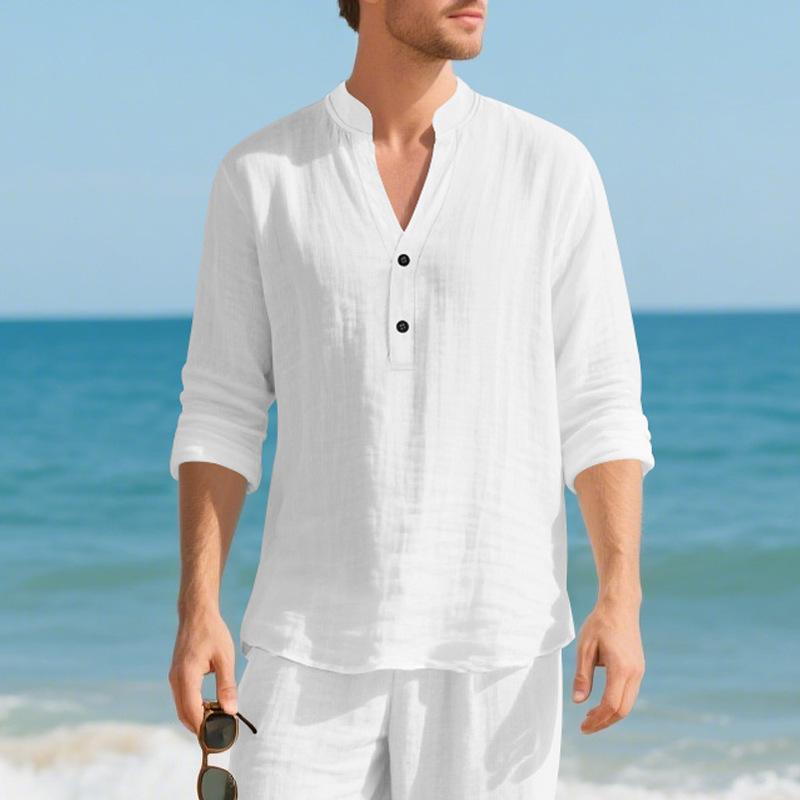 Linen Shirt Stand Collar Button-Up Men's Loose-Fit Casual Breathable V-Neck Henley Long-Sleeved T-Shirt for Men