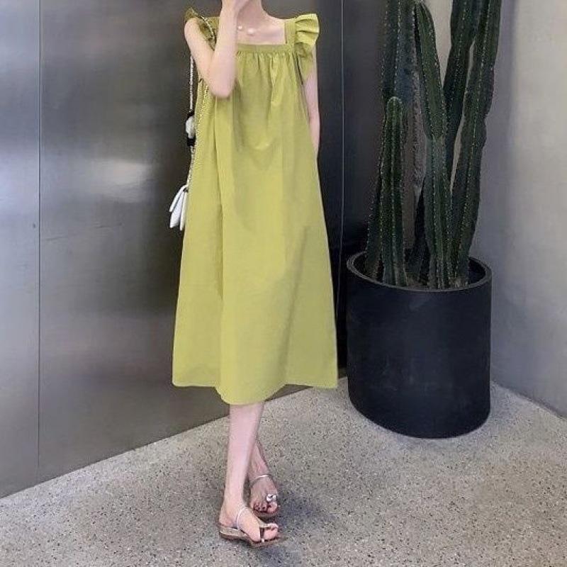 

Pink Xiaofei sleeve dress, new waist and thin super fairy summer Korean version square collar pure desire medium and long dress 3XL зелений