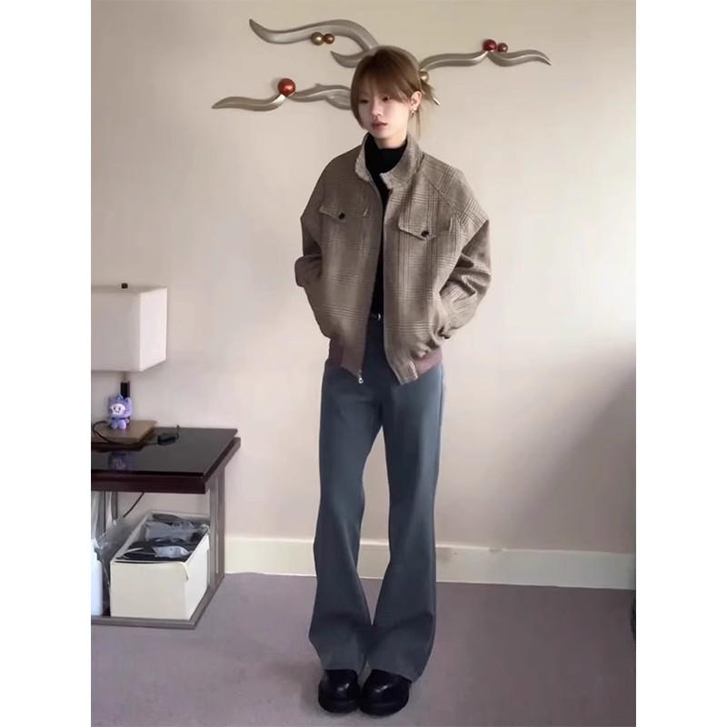 Oclin Barn Style Men's Houndstooth Harrington Jacket - Spring/Autumn Maillard Short Stand Collar Cleanfit Coat