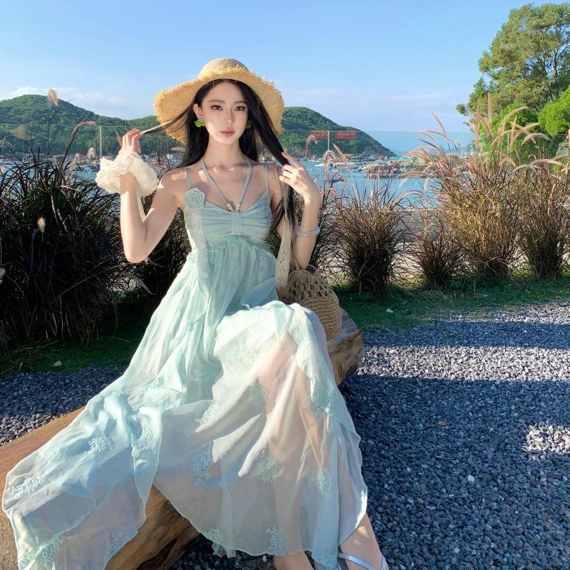 Seaside Photo Suspender Dress Women's Vacation Temperament Long Dress Hanging Neck Lotus Leaf Edge Mint Green Suspender Skirt