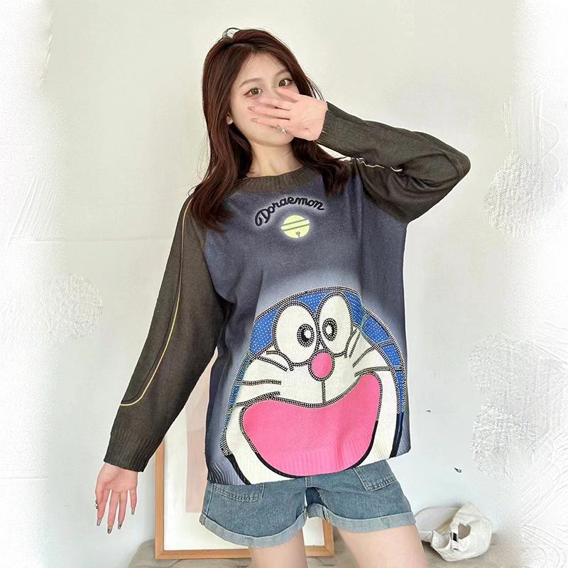 Korean Style Rhinestone Bell Print Knit Sweater for Women - Plus Size, Slimming, 2026 Autumn/Winter Collection