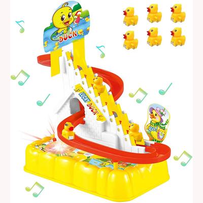 Piccole anatre giocattoli da arrampicata, anatre elettriche che inseguono set da gioco su pista con 6 luci lampeggianti a LED e pulsante musicale, divertente giocattolo per arrampicata su scale con anatre