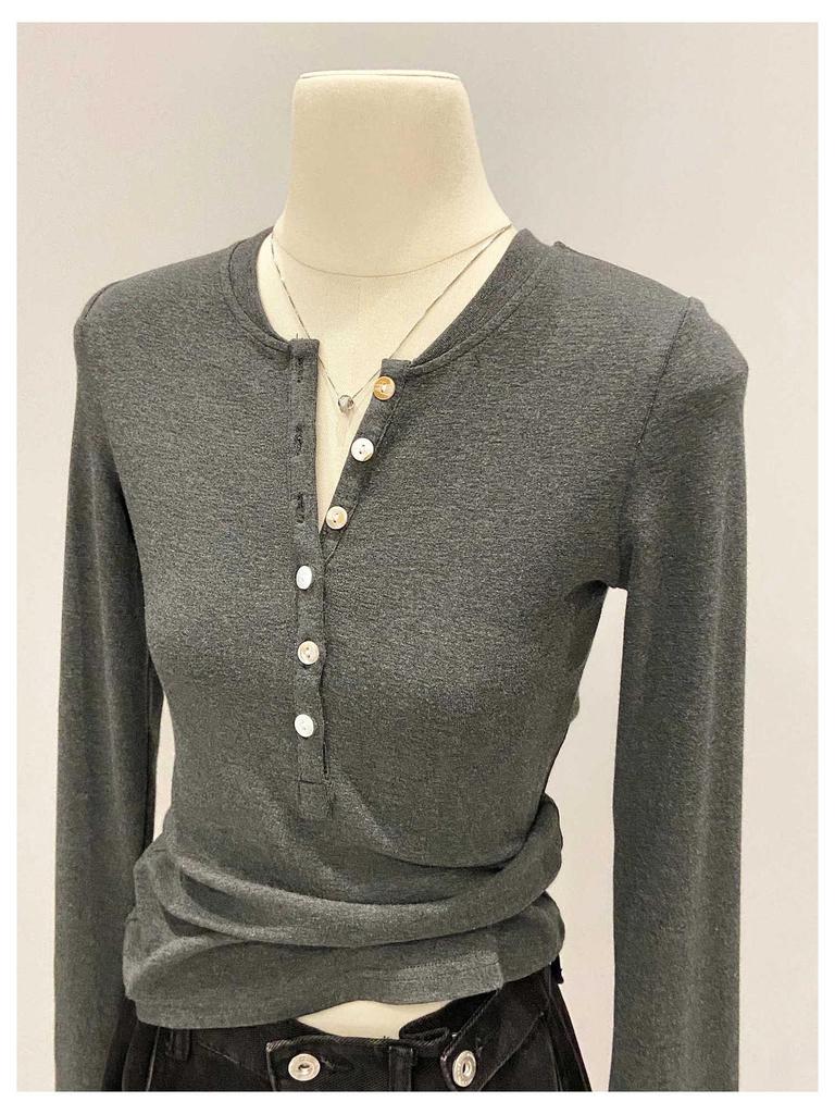 Women's Slim Fit Long Sleeve Henley Collar Mousse Cashmere Top for Spring/Autumn