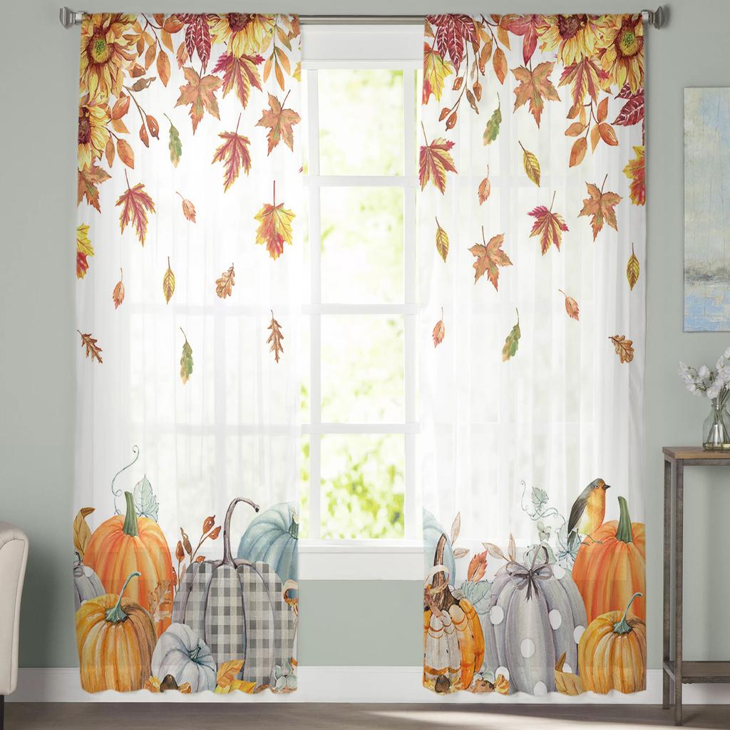Thanksgiving Fall Pumpkin Maple Leaf Sheer Curtains Home Window Decorations Voile Tulle Curtains For Living Room Bedroom Kitchen