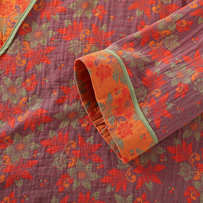 Retro Autumn Winter Ladies Sleepwear Printing Women's Pajamas Set 100% Cotton Long Sleeve Trousers Suit