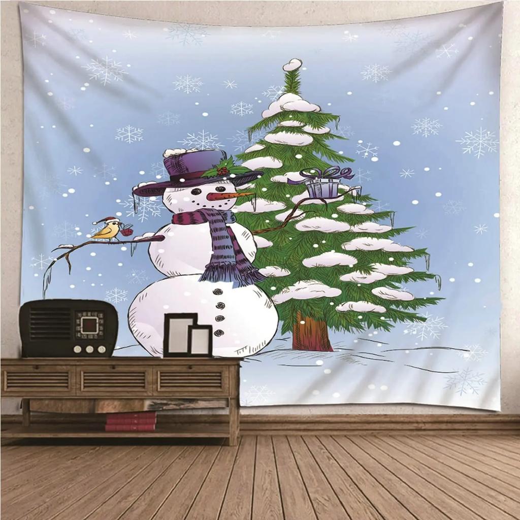 Snowman Snowflake Merry Christmas Tapestry New Year Winter Party Tapestry Wall Hanging Decor for Home Living Room Bedroom Dorm