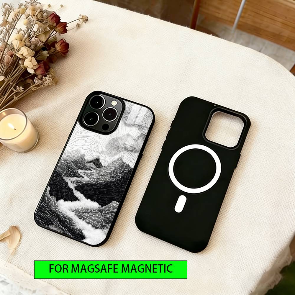 Black Mountain INS Design Phone Case For iPhone17,16,15,14,13,12,11 Plus,Pro Magnetic with Magsafe Wireless Charging