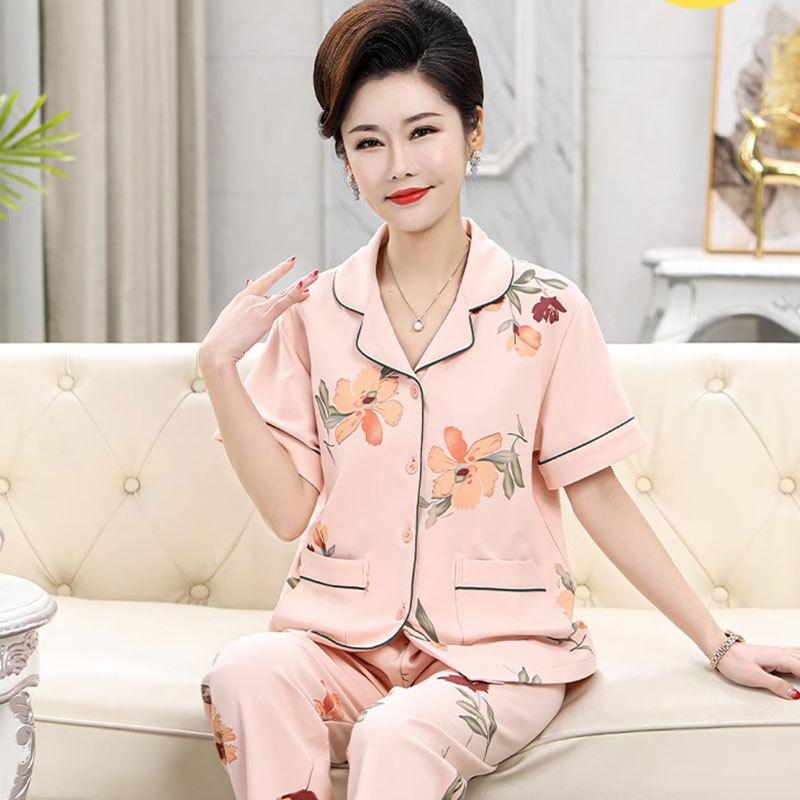 Factory Middle-Aged Pajamas Pink Flower Short-Sleeved Trousers Loose Large Size Can Be Worn Outside Loungewear Suit Women