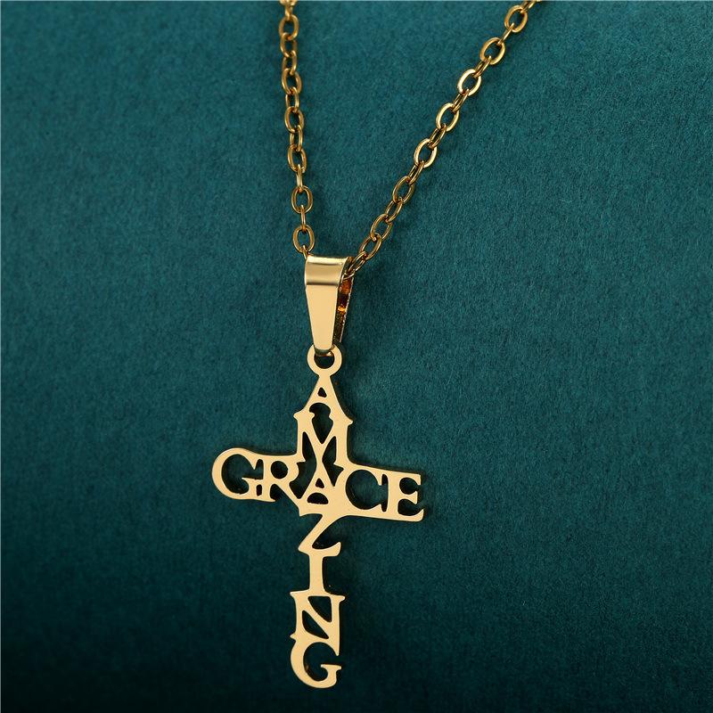 Stainless Steel Peach Heart Cross Necklace Light Luxury High Sense English Letter Style Fashion Items
