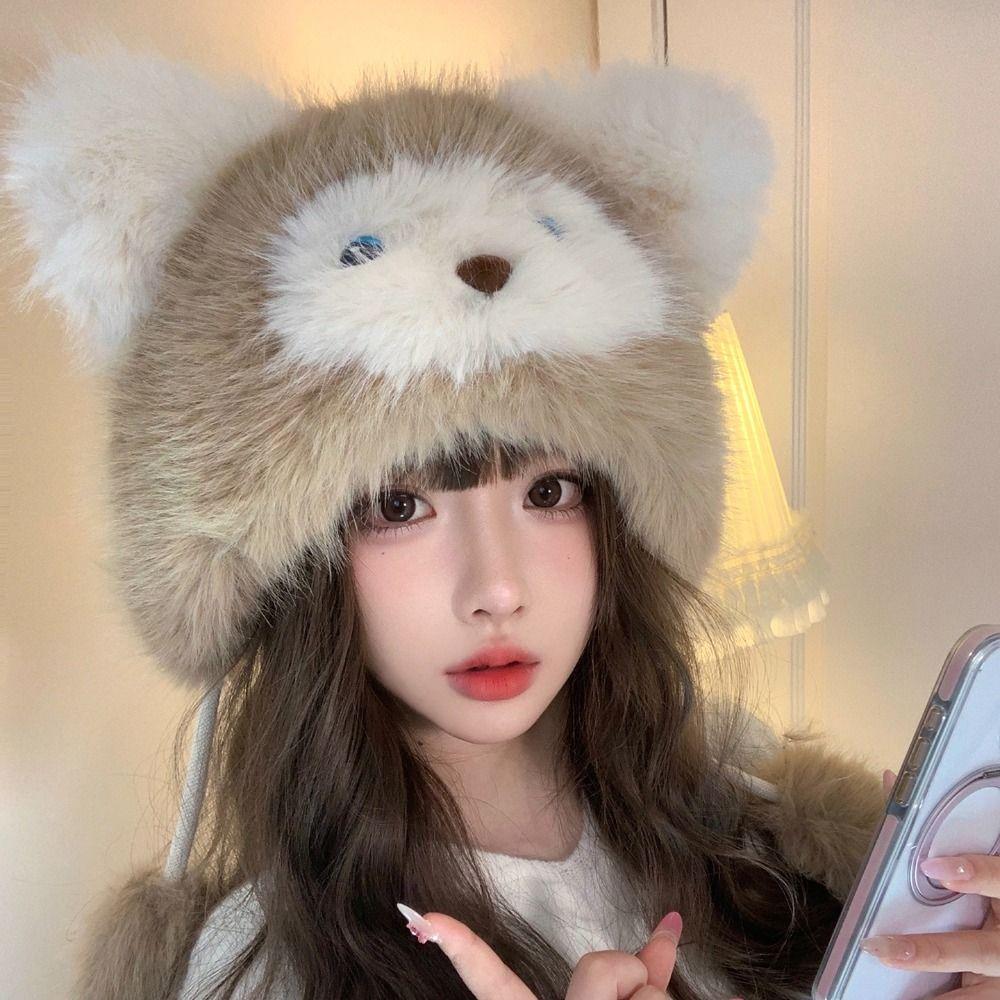 Soft Animals Ears Beanie Hat Thicken Woolen Hat Winter Fluffy Pullover Cap  Outdoor