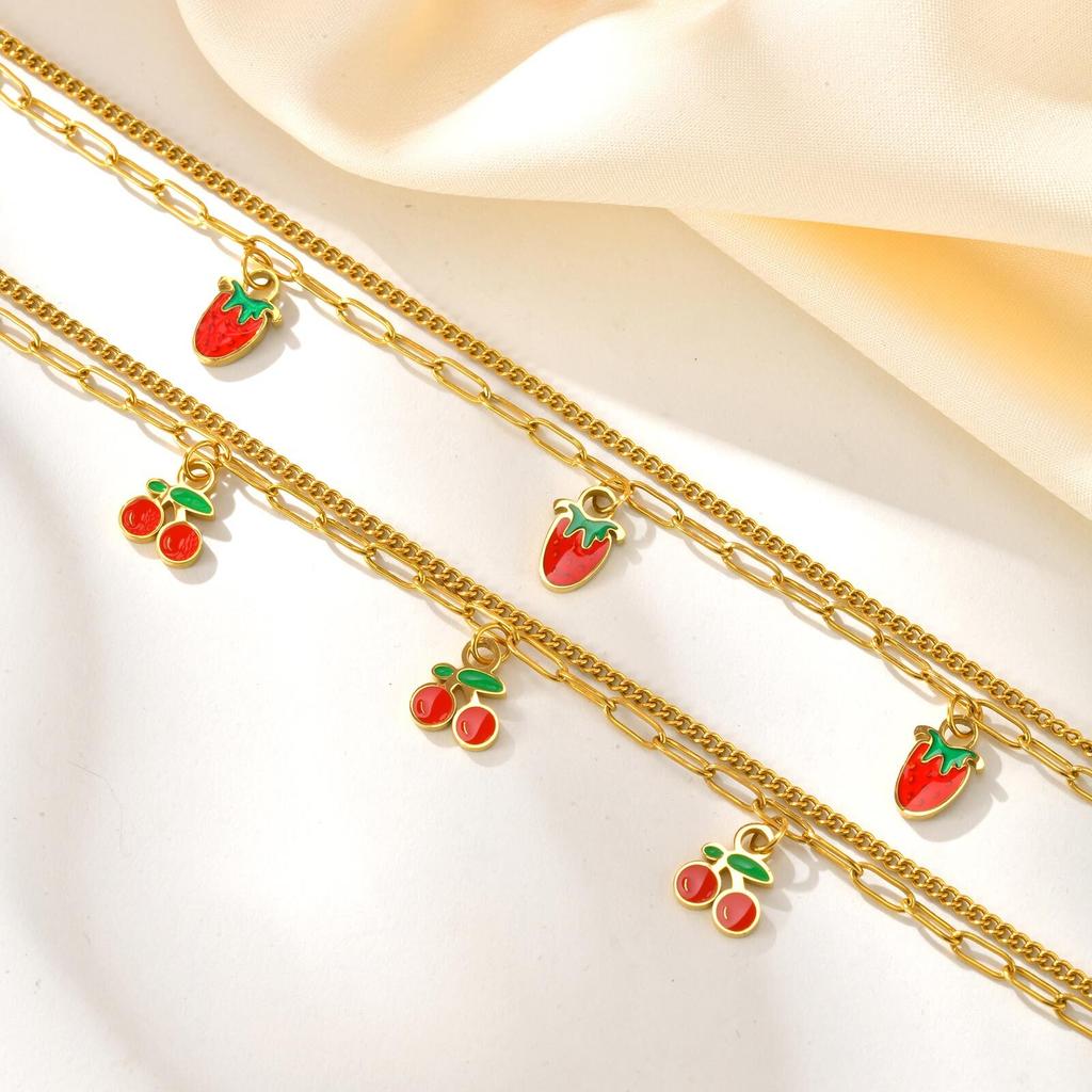 Vnox Gold Plated Fruit Cherry Strawberry Bracelet For Woman New Fashion Stainless Steel Double Chain Bracelet Hand Jewelry