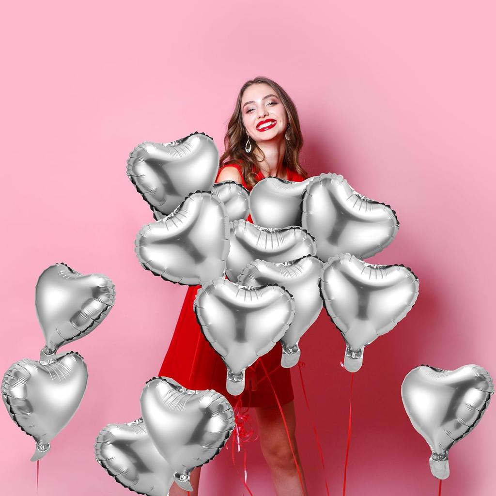 50 Pieces of 10inch Heart-Shaped Silver Aluminum Foil Balloons, Suitable for Weddings, Confession of Love, Engagement, Birthday