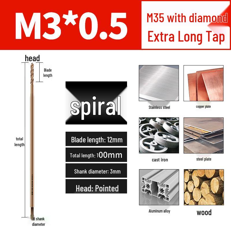 Titanium Coated Cobalt Straight Flute Extra Long Tap for Stainless Steel, Sizes M3-M8