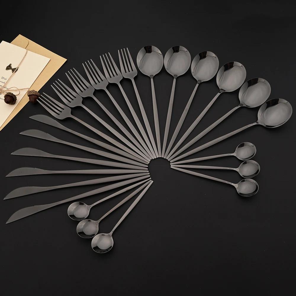 32Pcs Stainless Steel Dinnerware Set Kitchen Black Cutlery Set Knife Fork Spoon Straw Flatware Tableware Western Silverware Set